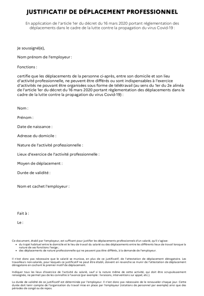 justification de déplacement professionnel