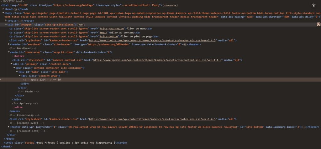 Arbre d'accessibilité du site ipedis.com affichant la hiérarchie des éléments